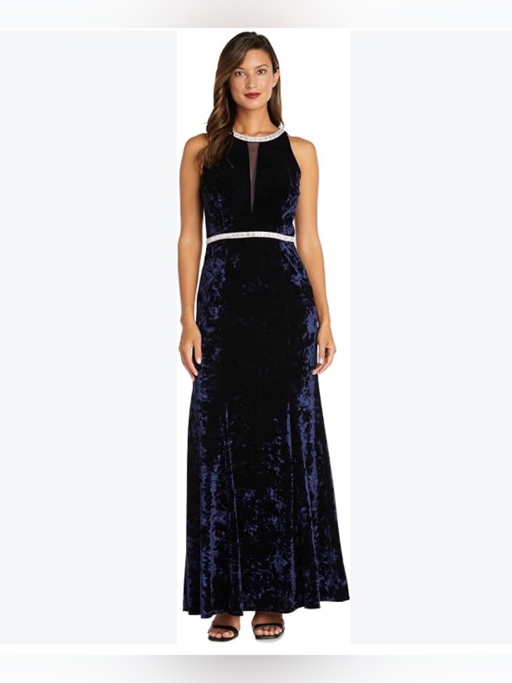 R&M Richards Long Ice Velvet Dress W/Elegant Neck‎ Waist Detail & Slit Size 8